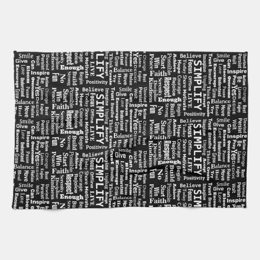 Positieve woordwolk op zwart theedoek (Horizontaal)