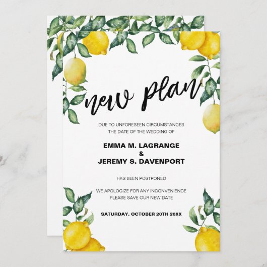 Posponed bruiloft date, lemon new plan aankondigin save the date (Voorkant / Achterkant)