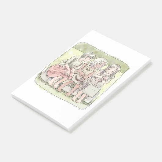 POST-IT® さなにやじ 野外で、椅子に座って仲良くしている三人の裸足の女の子のイラスト (Incliné)