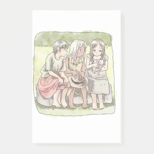 POST-IT® さなにやじ 野外で、椅子に座って仲良くしている三人の裸足の女の子のイラスト (Devant)
