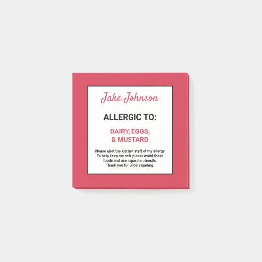Post-it® Alerte d'allergie alimentaire personnalisée rouge (Devant)