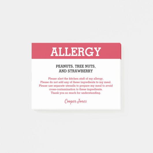 Post-it® Alerte d'allergie alimentaire Restaurant Personnal (Devant)