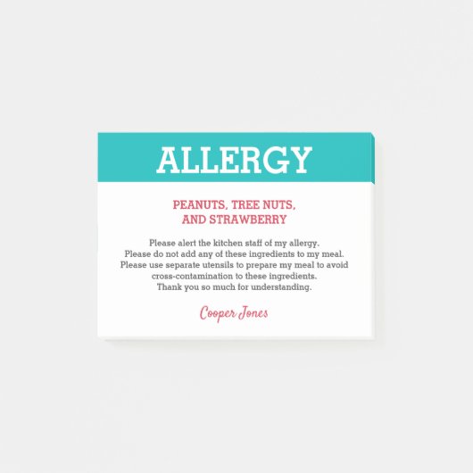 Post-it® Alerte d'allergie alimentaire Restaurant personnal (Devant)