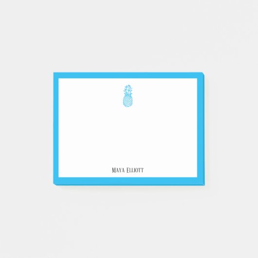 Post-it® Ananas bleu ciel et bordure en blanc avec nom (Devant)