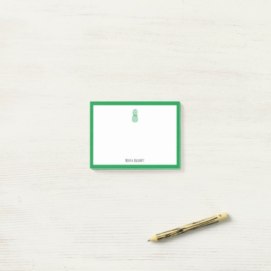 Post-it® Ananas vert et bordure en blanc avec nom (Sur un bureau)