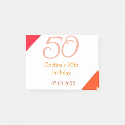 Post-it® anniversaire 50 ans orange rouge ajouter nom date (Devant)