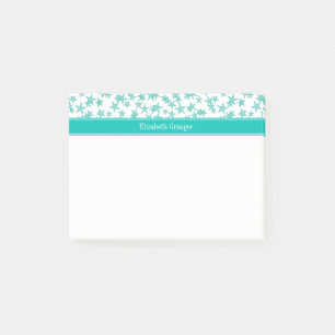 Post-it® Aqua Turquoise Stars White BG, nom Turquoise Monog