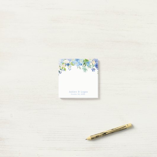 Post-it® Aquarelle bleue Floral hydrangée Mariage Notes (Sur un bureau)
