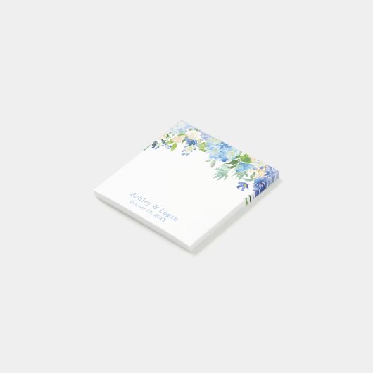 Post-it® Aquarelle bleue Floral hydrangée Mariage Notes (Incliné)