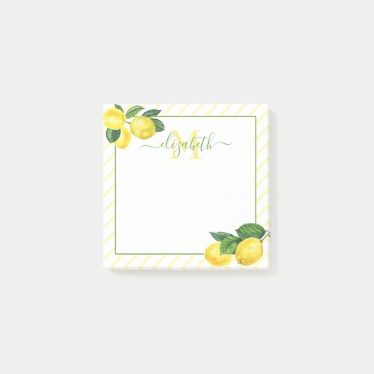 Post-it® Aquarelle de citrons rustiques Monogramme, rayures (Devant)