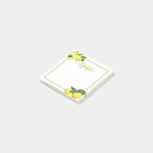 Post-it® Aquarelle de citrons rustiques Monogramme, rayures (Incliné)