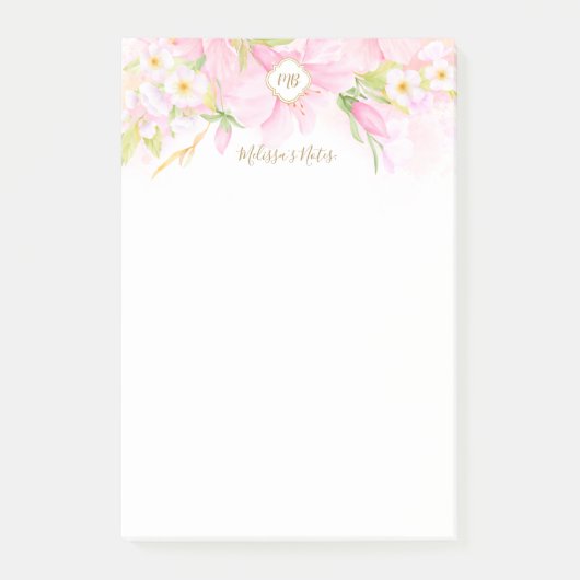 Post-it® Aquarelle Delicate Monogramme Botanique Rose Flora (Devant)