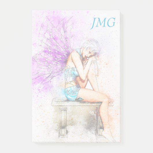 Post-it® Aquarelle Fée en bleu avec Monogramme (Devant)