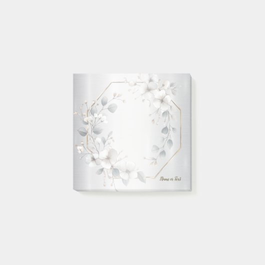 Post-it® Aquarelle Fleurs blanches Cadre doré Argent Turquo (Devant)