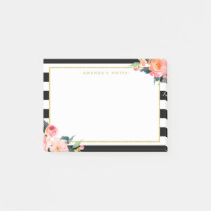 Post-it® Aquarelle Floral Gold Frame Black White Stripes
