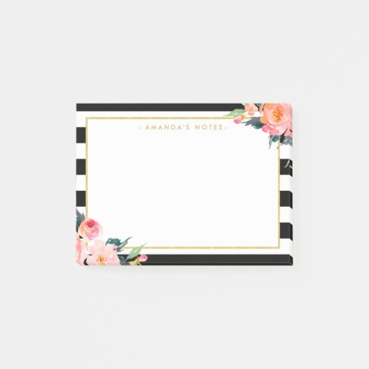 Post-it® Aquarelle Floral Gold Frame Black White Stripes (Devant)