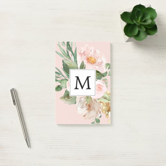 Post-it® Aquarelle moderne Fleurs roses Monogrammes (Bureau)