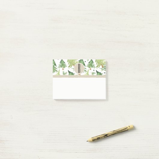 Post-it® Aquarelle Pine Arbres Moderne Rustique Monogramme  (Sur un bureau)