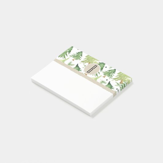 Post-it® Aquarelle Pine Arbres Moderne Rustique Monogramme  (Incliné)