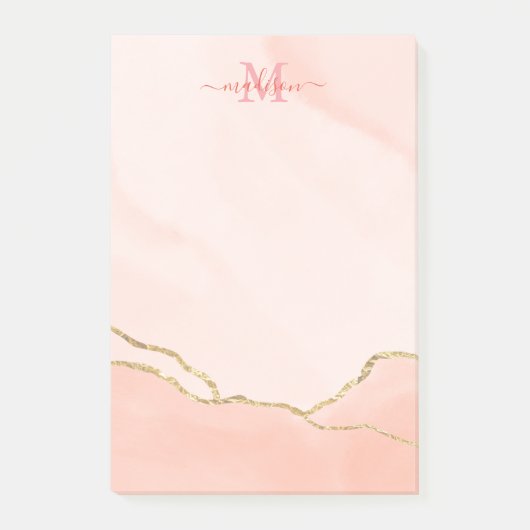 Post-it® Aquarelle rose chic et monogramme or Faux (Devant)