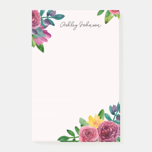 Post-it® Aquarelle rose floral. Fleurs de jardin botanique (Devant)