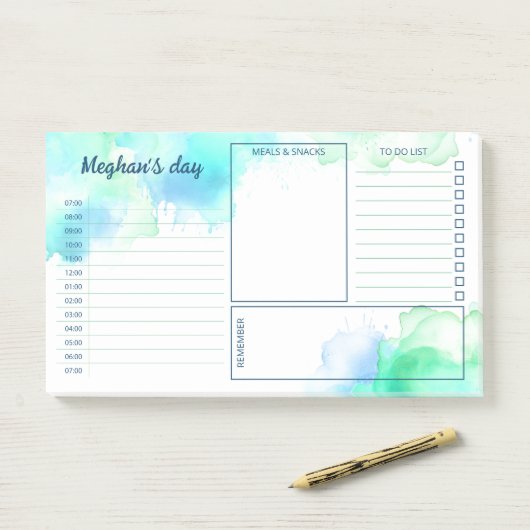 Post-it® Aquarelle Turquoise Vert Taches Planner Quotidien (Sur un bureau)