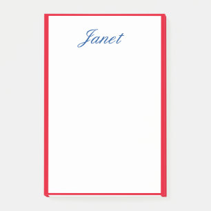 Post-it® Arêtes bordées rouges Nom monogramme Bleu Blanc