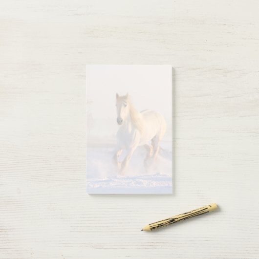 Post-it® Beau Cheval Blanc Galloping dans la neige (Sur un bureau)