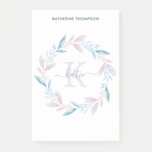 Post-it® Beau Lilac Aquarelle Floral Wreath Monogramme