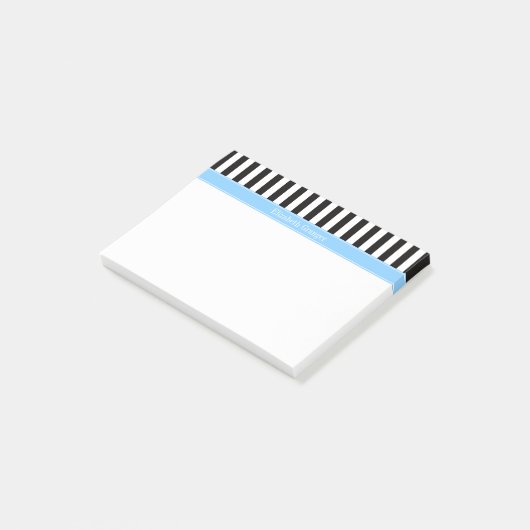 Post-it® Black White Stripe Sky Blue Nom Monogramme (Incliné)