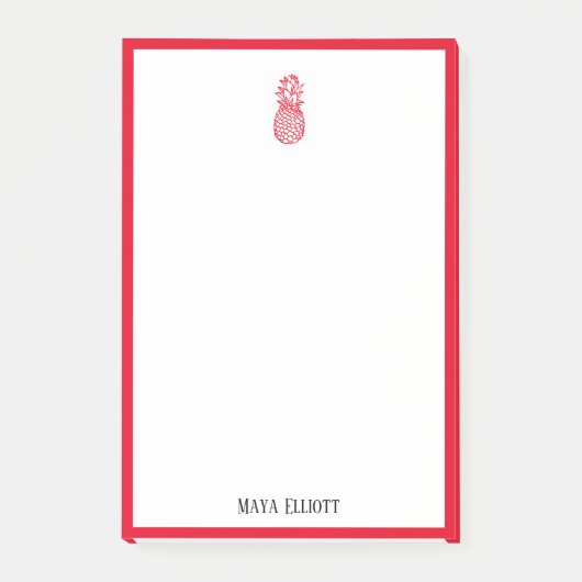 Post-it® Blanc avec ananas rouge vif et bordure + nom (Devant)