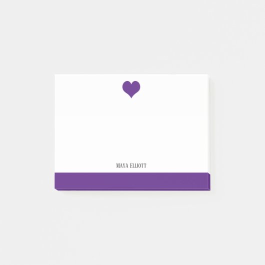 Post-it® Blanc avec coeur pourpre & Bordure & Nom (Devant)