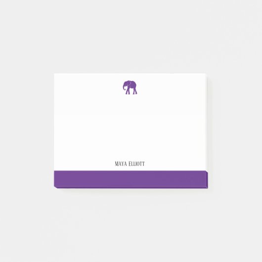 Post-it® Blanc avec éléphant violet & Bordure & Nom (Devant)