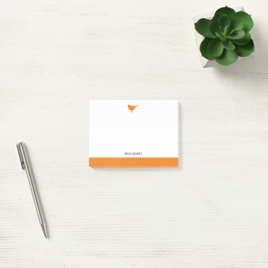 Post-it® Blanc avec petit oiseau et bordure orange + nom (Bureau)