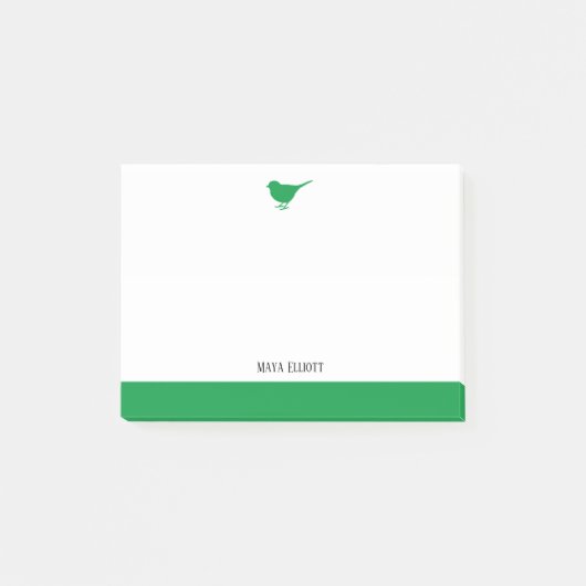 Post-it® Blanc avec Petit Oiseau Vert & Bordure + Nom (Devant)