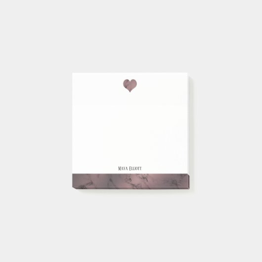 Post-it® Blanc avec Rose Gold Marble Coeur & Bordure + Nom (Devant)