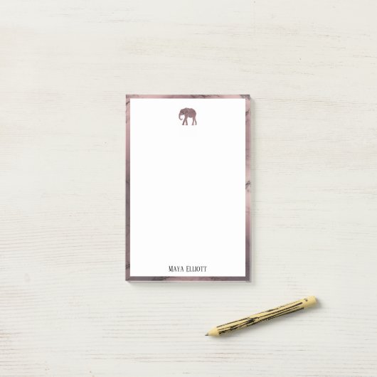 Post-it® Blanc sur marbre Rose or, éléphant & bordure, nom (Sur un bureau)