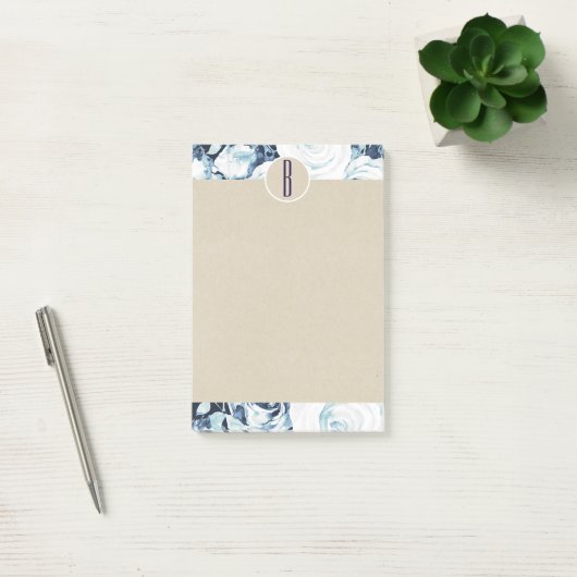 Post-it® Bleu Blanc Hiver Roses Kraft Rustique Monogramme (Bureau)