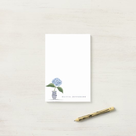 Post-it® Bleu Hydrangée et vase rayé de marine Personnalisé (Sur un bureau)