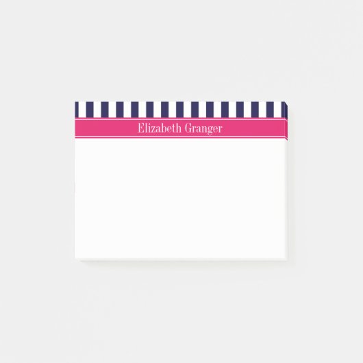 Post-it® Bleu Marine Blanc Rayure Framboise Nom Monogramme (Devant)