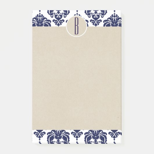 Post-it® Bleu Navy Blanc Glam Damassé Kraft Monogramme Init (Devant)