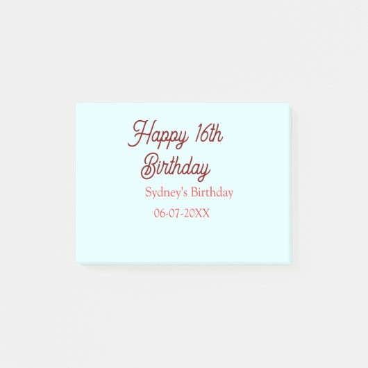Post-it® Bleu pastel rouge joyeux 16e anniversaire nom date (Devant)