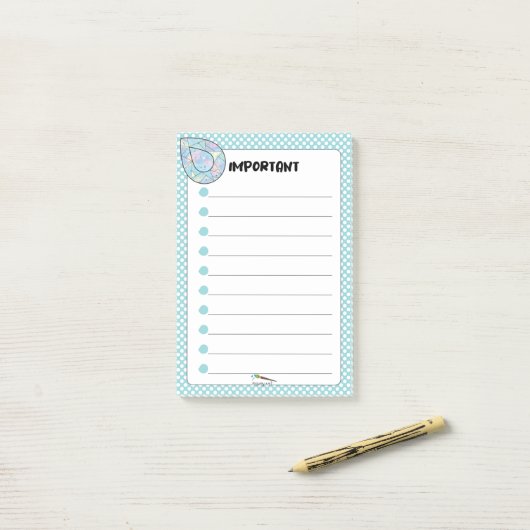 Post-it® Bleu Polka Dot Teardrop Diamond IMPORTANT (Sur un bureau)