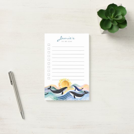 Post-it® Bleu Waves & Happy Whales Notes postales personnal (Bureau)