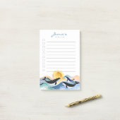 Post-it® Bleu Waves & Happy Whales Notes postales personnal (Sur un bureau)
