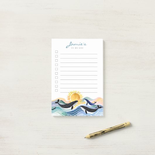 Post-it® Bleu Waves & Happy Whales Notes postales personnal (Sur un bureau)