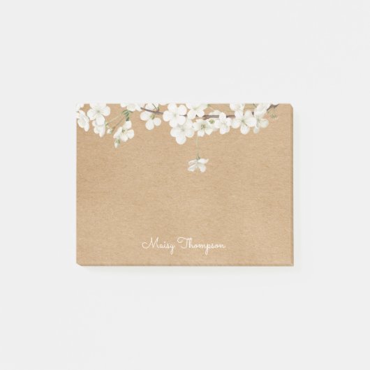 Post-it® Blossom Blanc Fleur Rustique Kraft Monogramme Nom (Devant)