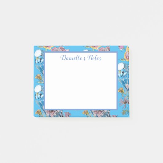 Post-it® Blue Budgie Budgerigar Rose aquarelle art floral (Devant)