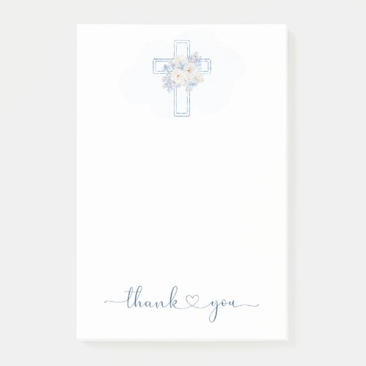 Post-it® Blue Floral Cross Baptism/Christening Thank You (Devant)