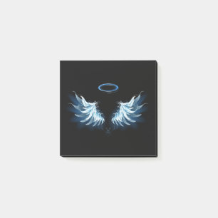 Post-it® Blue Glowing Angel Wings on black background